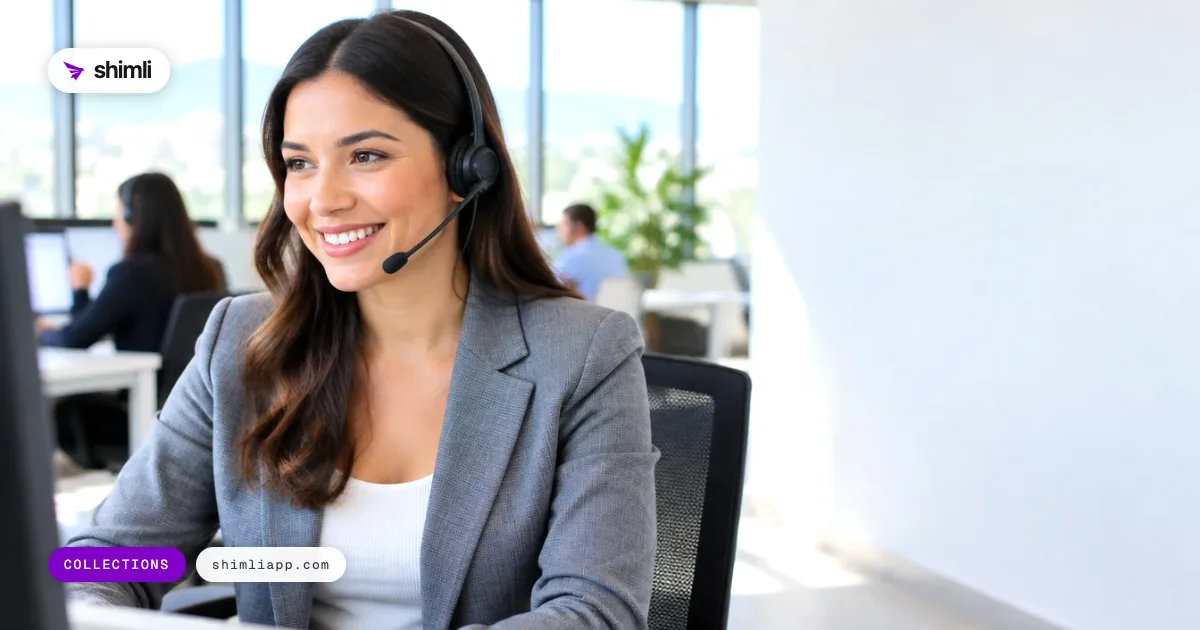 A collections agent with a headset takes a call in a bright operations office