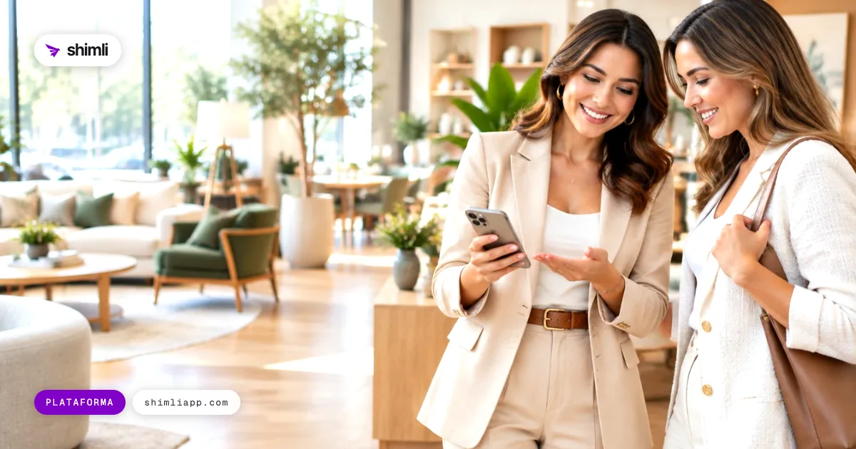 Una asesora de ventas muestra su teléfono a una clienta en un showroom de diseño luminoso