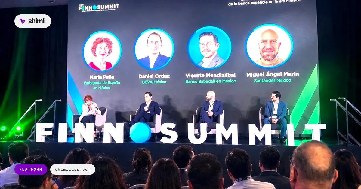 Panel on Spanish banking on the main stage at FINNOSUMMIT 2026, with the audience seen from behind