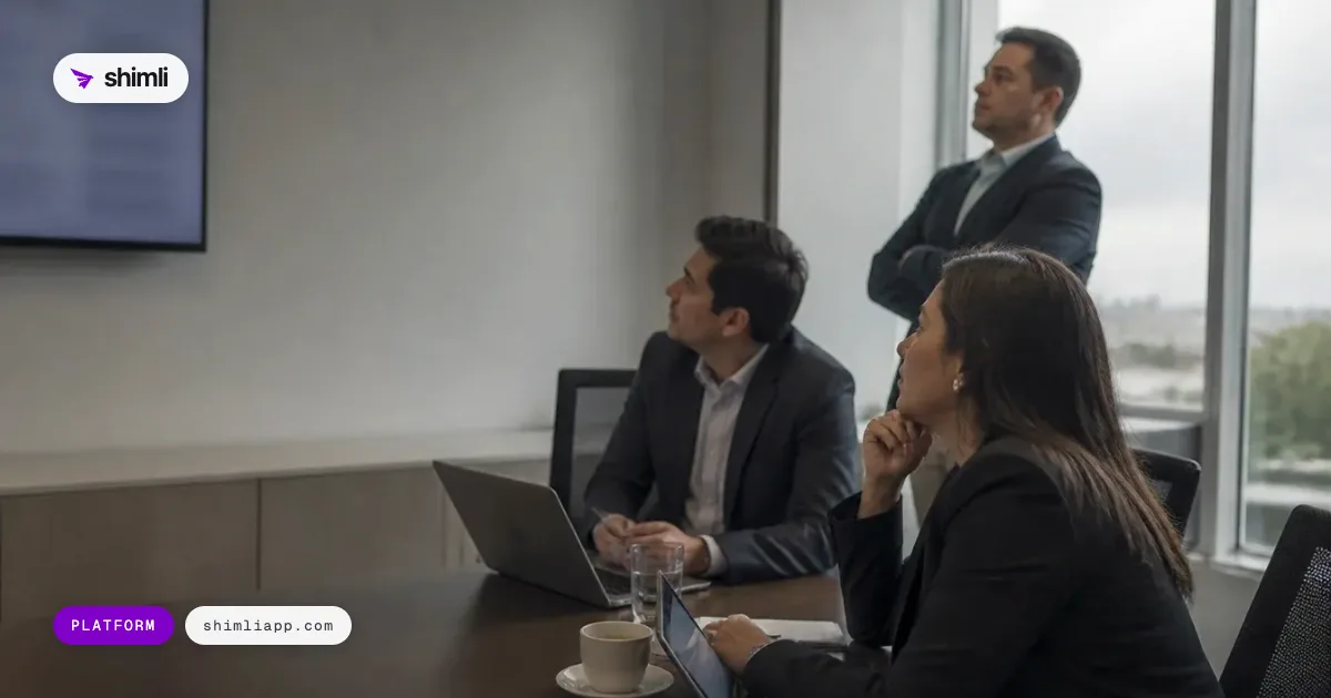 Three people discussing in front of a screen in a corporate meeting room