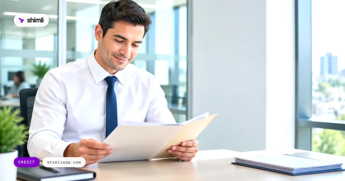 A credit analyst reviews a file at his desk in a bright bank office