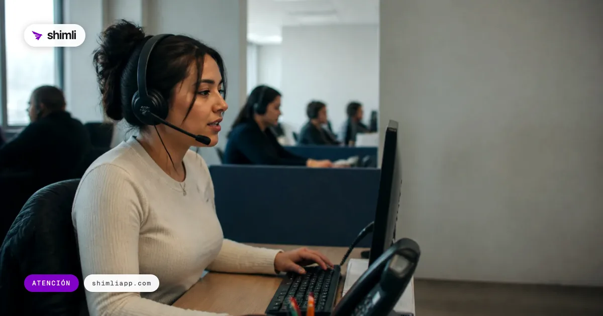 Una agente de atención con diadema trabajando en una oficina abierta con varios puestos ocupados detrás