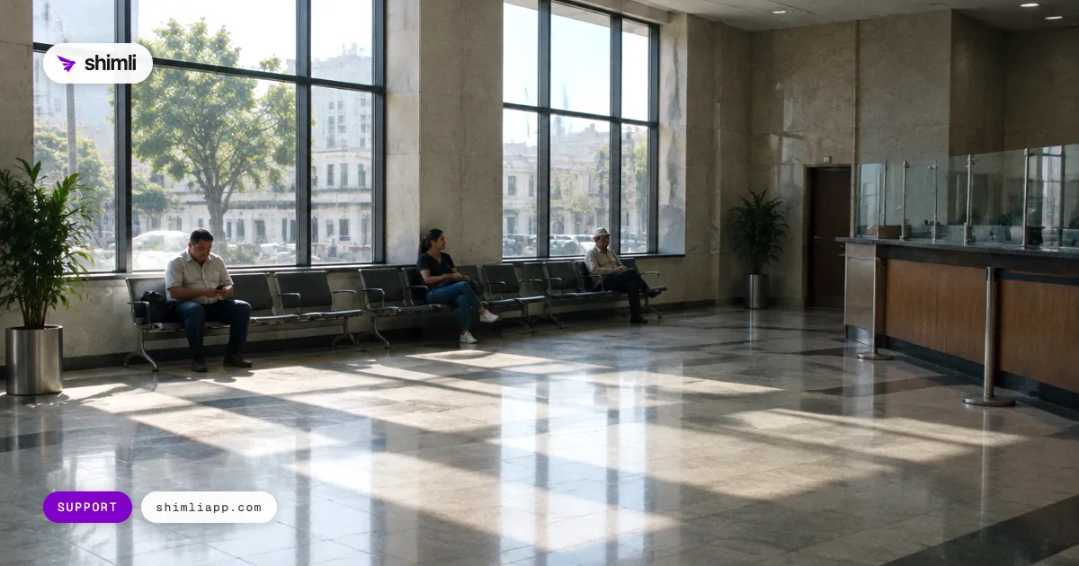 A bank's customer operations floor at dusk, seen through a glass partition