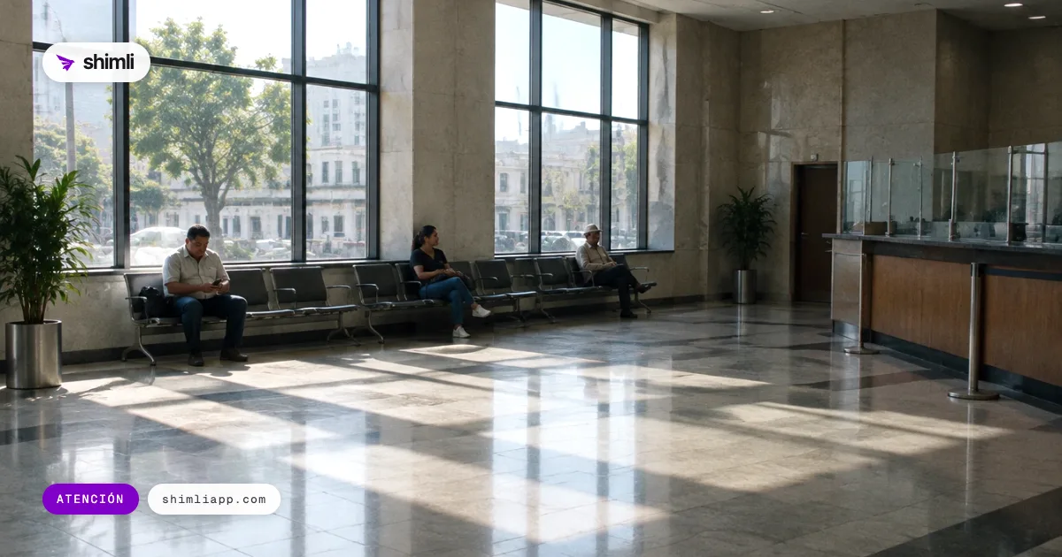 Piso de operaciones de atención de un banco al anochecer, visto a través de una mampara de vidrio