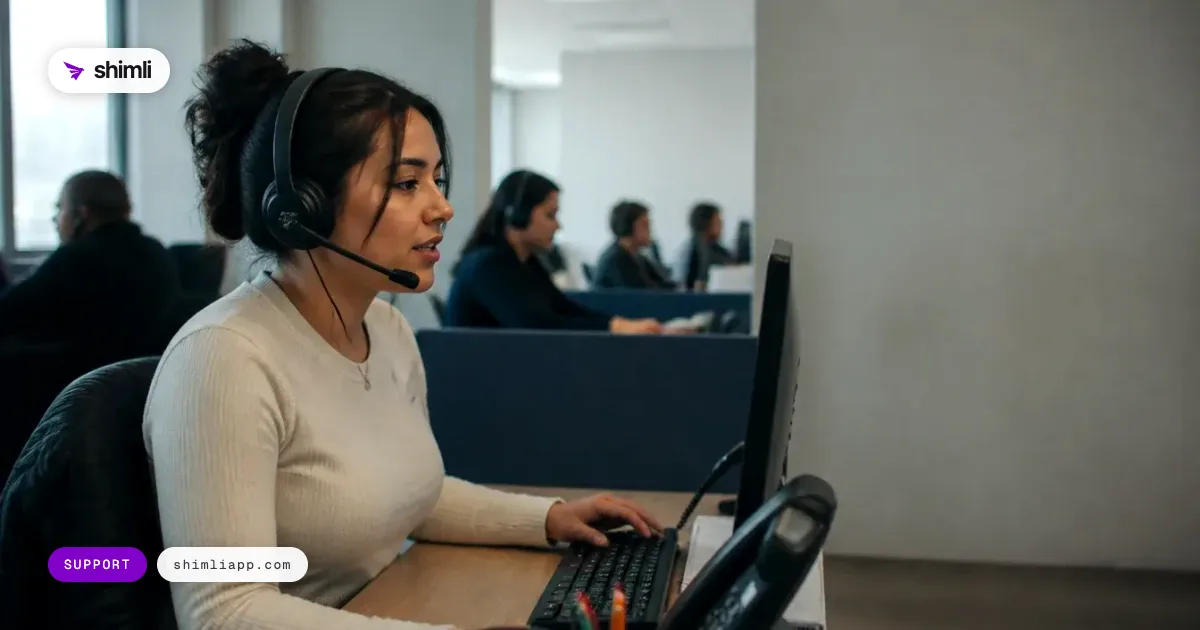 A support agent with a headset working in an open office with several occupied desks behind her