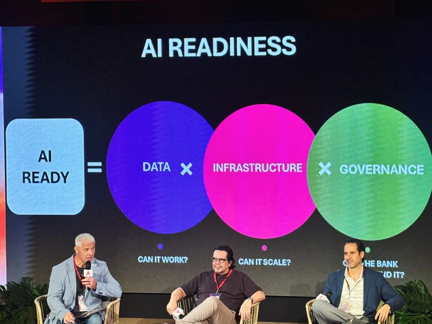 Panel del Volcano Innovation Summit 2026 con la fórmula AI Ready igual a datos por infraestructura por gobernanza, y tres ponentes sentados en el escenario