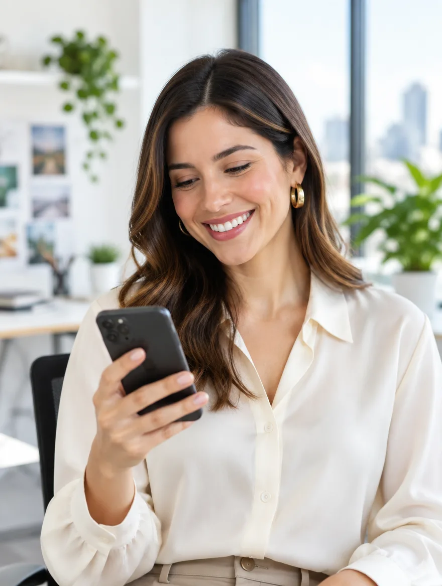 A marketing manager smiles while reading a message on her phone in a bright office