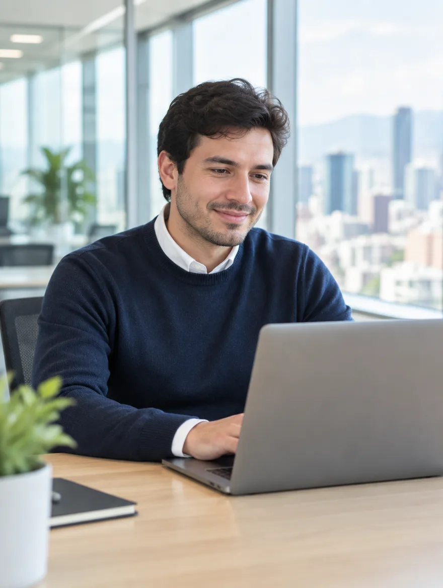 A product manager works on his laptop in a modern office with a city view