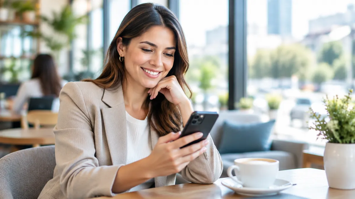 Una clienta sonríe al leer un mensaje en su teléfono, en una cafetería luminosa