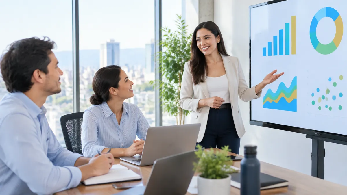 Un equipo revisa resultados en una pantalla en una sala de reuniones luminosa
