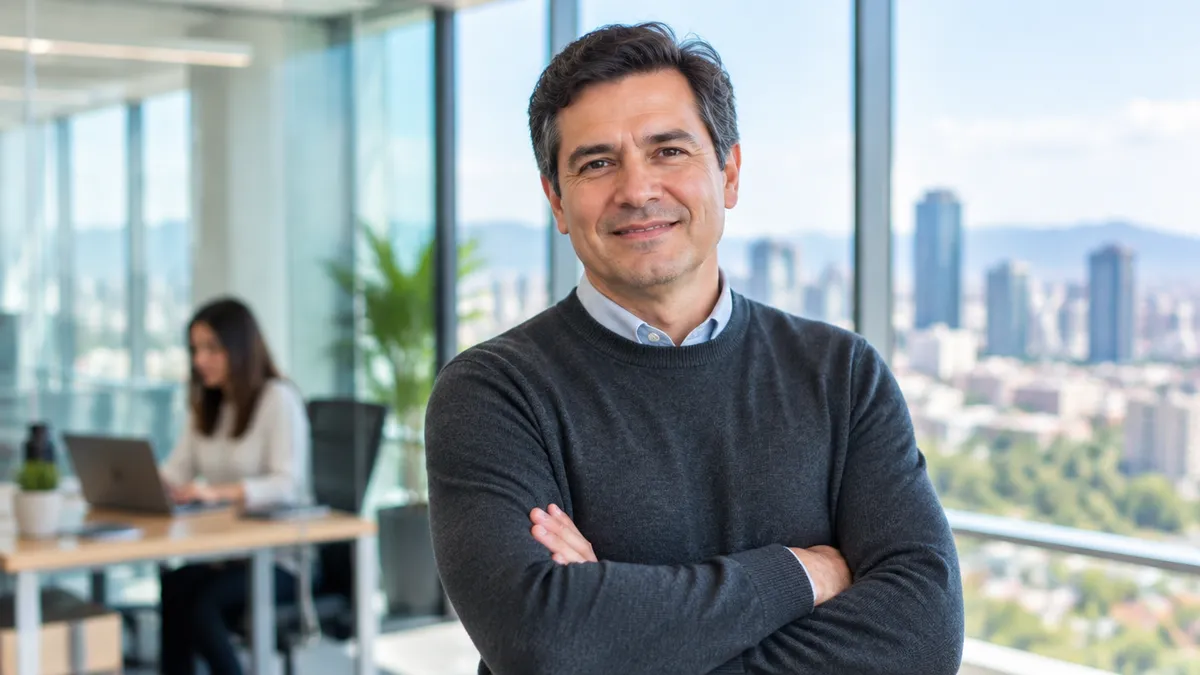 Un director de tecnología sonríe de brazos cruzados en una oficina con vista a la ciudad