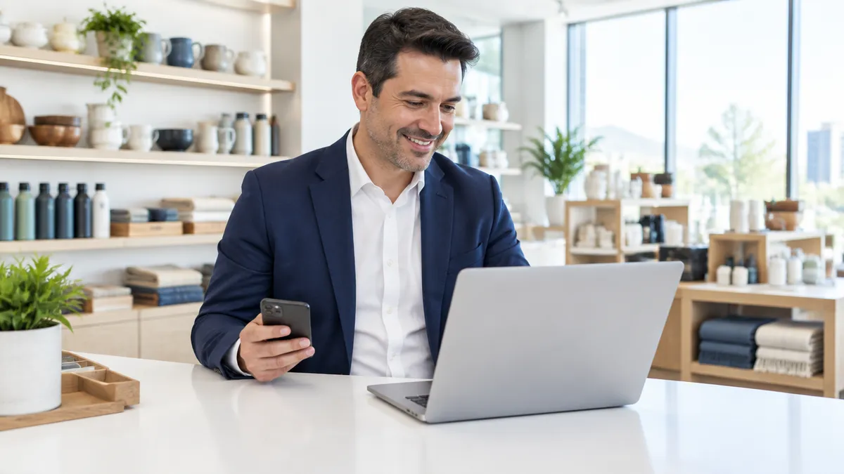 Un empresario consulta su teléfono y su laptop en el mostrador de un showroom luminoso