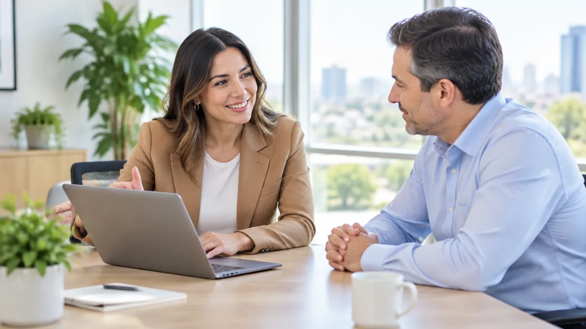 A consultant presents a proposal on her laptop to a client in a bright office