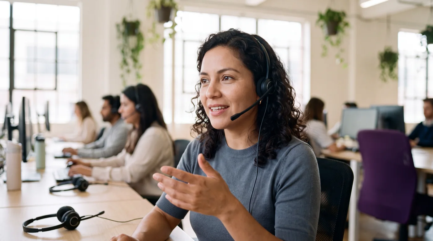 Una agente de atención al cliente conversa con audífonos en una sala de operaciones