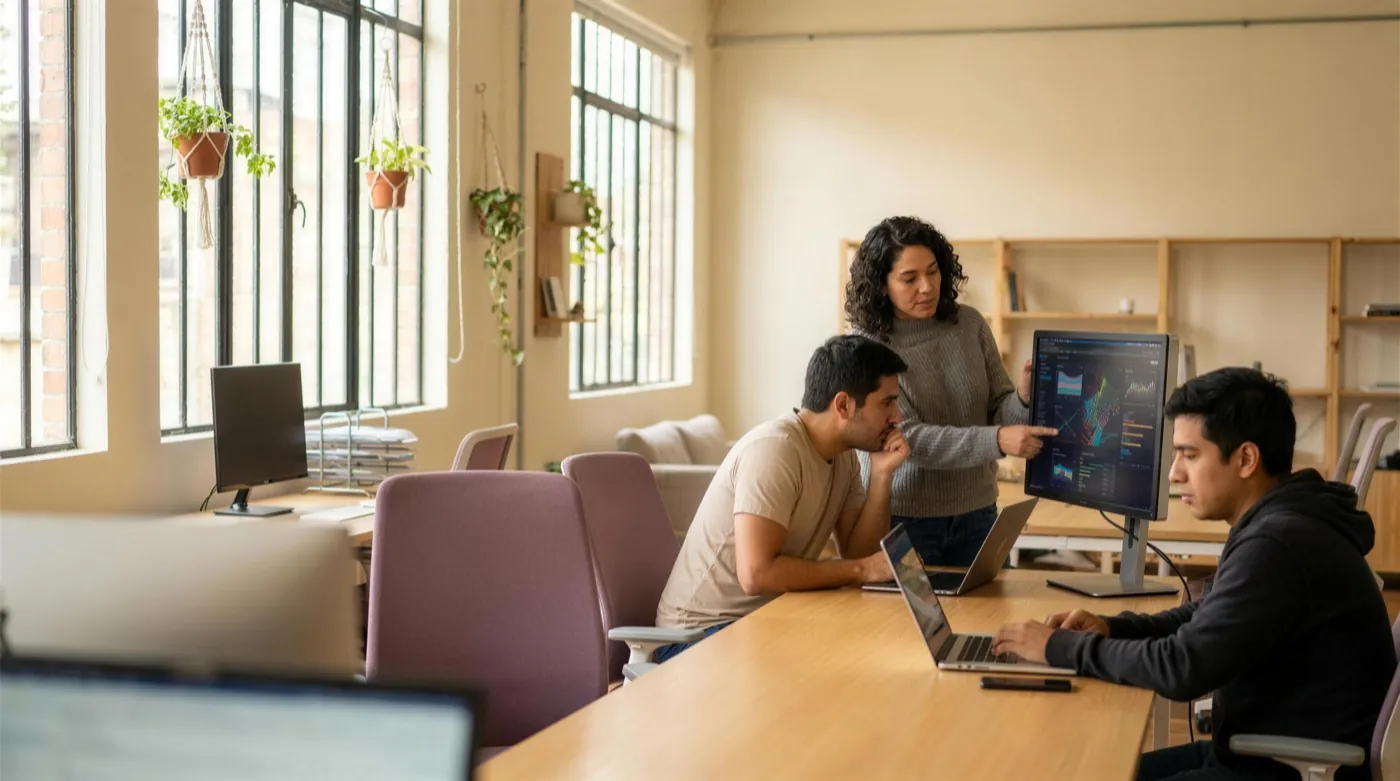 El equipo de Shimli revisa un tablero de la plataforma en la oficina
